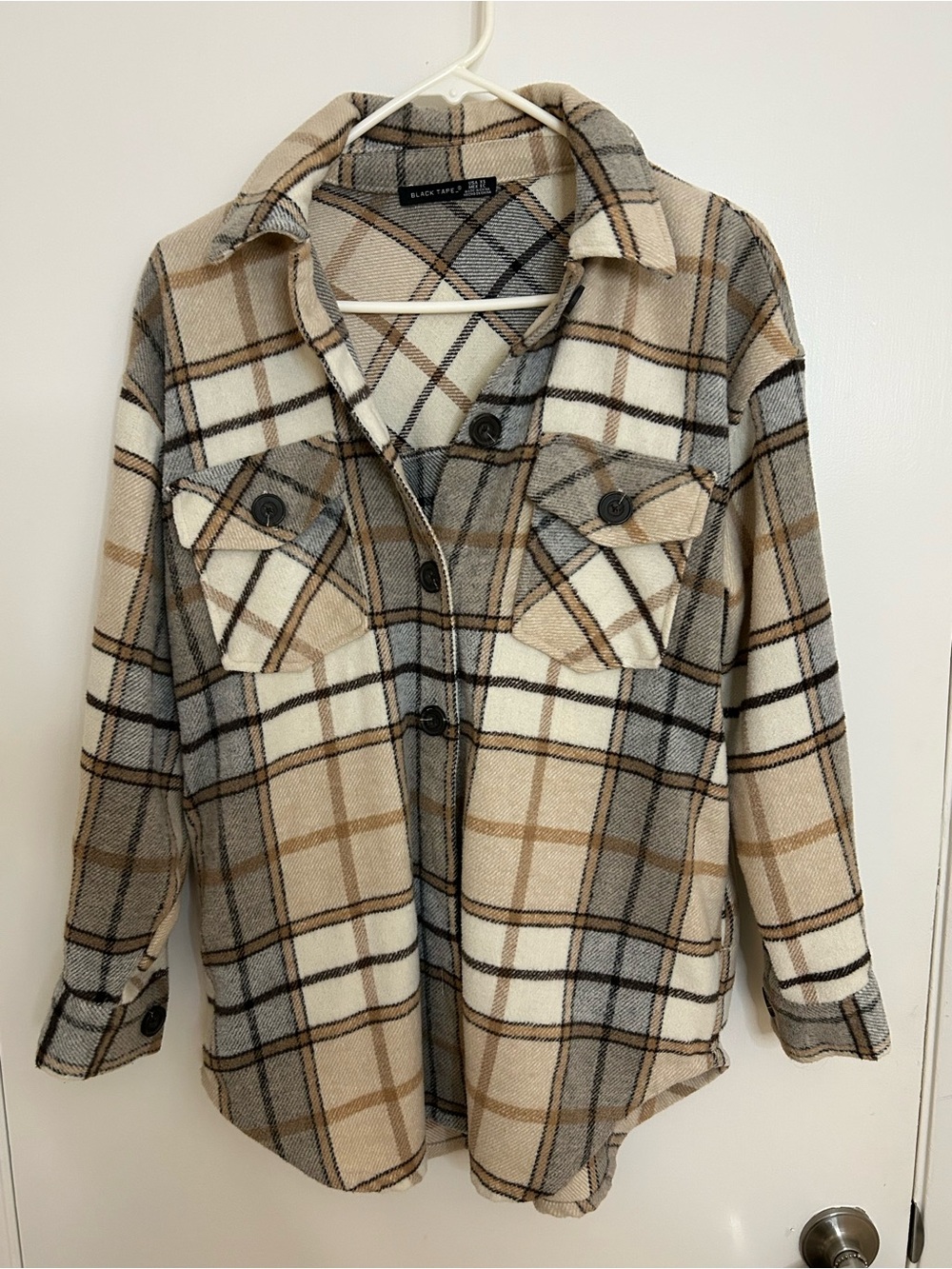 Plaid Button-Up Shacket in Neutral Tones